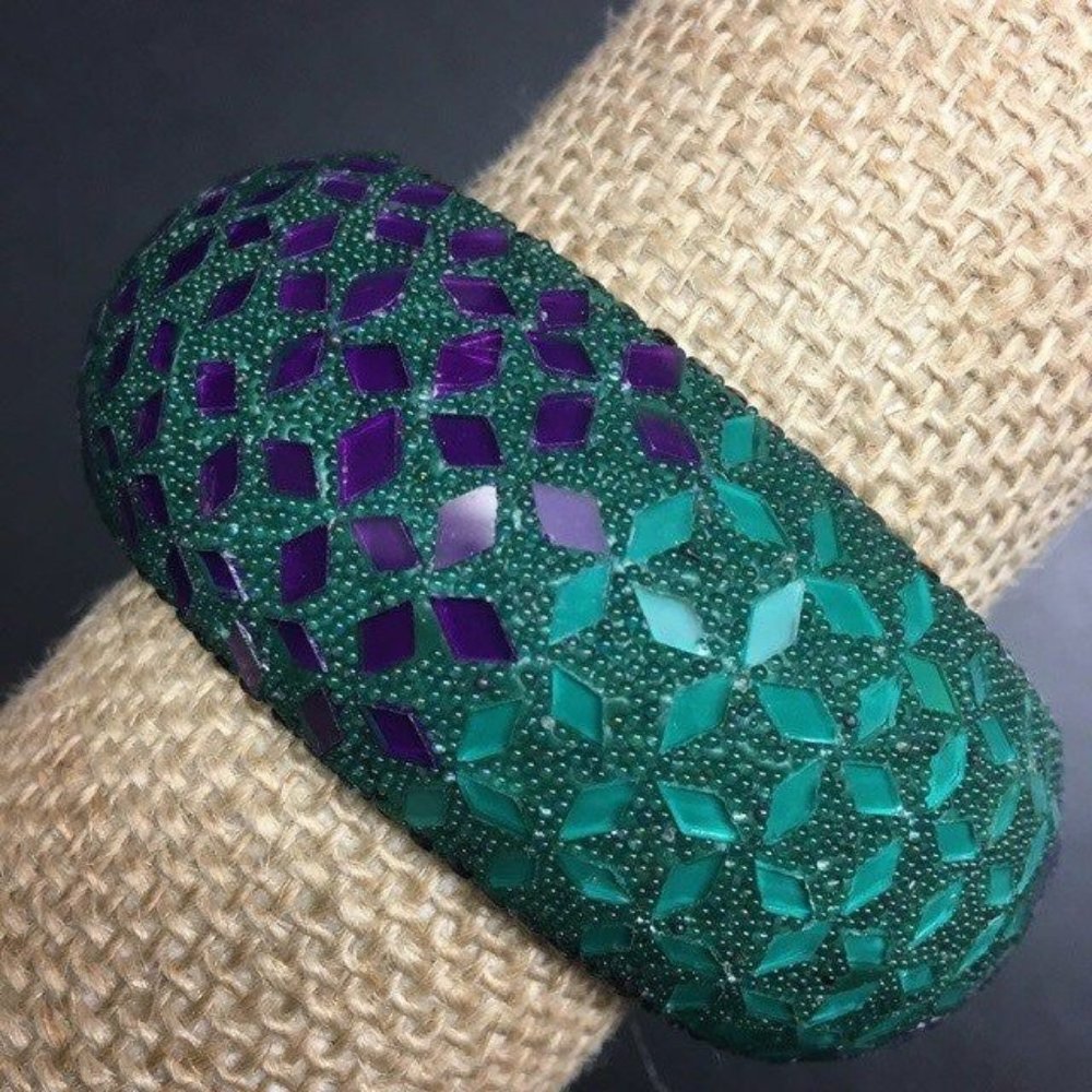 Exotic Diamond Bangle Bracelet Purple Green Turquoise Chunky Silver Dot Retro